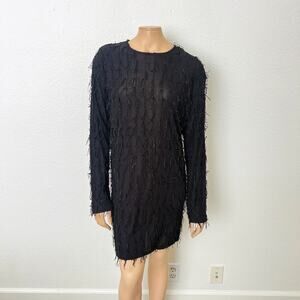 [Zara] Black Tasseled Fringe Long Sleeve Shift Mini Dress NWT Size Large L